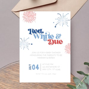 Modèle d'Invitation rouge blanc et 4 juillet, thème modifiable pour baby shower, téléchargement numérique instantané sur toile, feu d'artifice barbecue d'été J04
