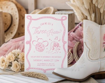 Disco Cowgirl 3rd Rodeo Birthday Invitation Template Editable Girl Theme Digital Canva Printable Download Invite Pink  Three Haw Western DC1