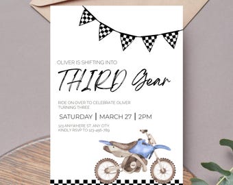 Dritte Ausrüstung Dirt Bike 3. Geburtstag Einladung Vorlage, bearbeitbare Fahrt auf Over Boy Thema, Digital Canva druckbare Download Motorrad V0