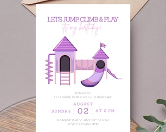 Park Playground Birthday Invite, Editable Outdoor Party Theme, Digital Canva Printable Download, Pink Purple Boy Climb Jump Slide Play