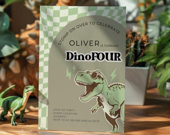 DinoFour Dinosaur Birthday Invitation Template Editable Boy 4th Birthday Theme Digital Canva Printable Jurassic Dino Invite Modern D8