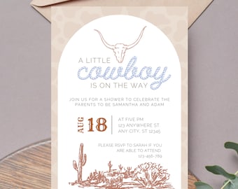 Little Cowboy On The Way Invitation Template | Editable Boy Baby Shower Theme | Digital Instant Canva Printable Sheet | Western West Horse