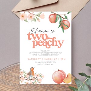 Two Peachy 2nd Birthday Invitation Template, Editable Peach Second Girl Party Theme, Digital Printable Download Summer Watercolor Invite