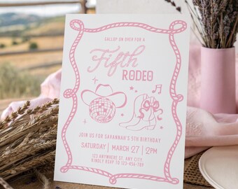 Disco Cowgirl 5th Rodeo Birthday Invitation Template Editable Girl Theme Digital Canva Printable Download Invite Pink Let's Go Girls DC1