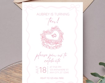 Bow Cake Ten 10th Birthday Invitation Template | Editable Girl Birthday | Digital Canva Printable | Pink Girly Cake Coquette Vintage