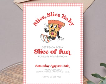 Stück Scheibe Baby Pizza Einladung Vorlage | Bearbeitbar Ein 1. Geburtstag Thema | Sofortiger digitaler Canva druckbarer Download | Streuscheibe Rot