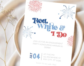 Plantilla de invitación "Rojo, Blanco y Sí", para el 4 de julio, tema editable para fiesta de compromiso, descarga digital imprimible en Canva, barbacoa de verano para boda (J04)