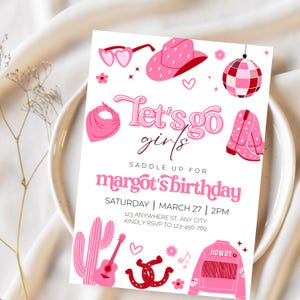 Disco Cowgirl Rodeo Birthday Invitation Template Editable Girl Theme Digital Canva Printable Download Invite Pink Let&#39;s Go Girls Western DC1