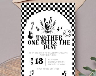 Another One Bites The Dust Rock & Roll Invitation Template | Editable 1st Birthday Theme | Punk | Digital Instant Canva Printable Download