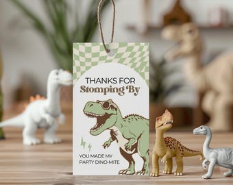 Dinosaur Birthday Favor Loot Bag Thank You Tag Template Editable Boy Birthday Theme Digital Instant Canva Printable Jurassic Dino-Mite D8