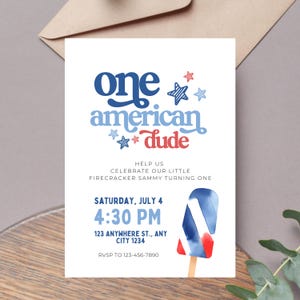 One American Dude July 4th Invitation Template, Editable 1st Boy Birthday Theme, Digital Download, Summer BBQ USA Firework Patriot J04