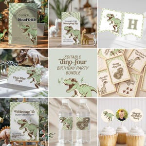 May include: A selection of dinosaur-themed party decorations and stationery. The set includes invitations, banners, cupcake toppers, water bottle labels, and gift tags. The design features a green dinosaur wearing sunglasses and the text "DinoFOUR".