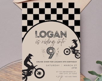 Riding into 9 Dirt Bike Birthday Invitation Template, Editable 9th Boy Birthday Theme, Digital Canva Printable, Motorcycle Motor Cross Nine