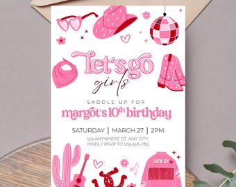 Modelo de convite para aniversário de 10 anos de rodeio de cowgirl discoteca, tema editável para meninas, impressão digital, download, convite rosa, vamos lá, meninas, western, DC1