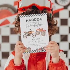 4 Wheel Drive Race Car Bike Monster Truck 4th Birthday Invitation Template Editable Boy Theme Canva Printable Download Need Four Speed V0