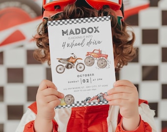 4 Wheel Drive Race Car Bike Monster Truck 4th Birthday Invitation Template Editable Boy Theme Canva Printable Download Need Four Speed V0