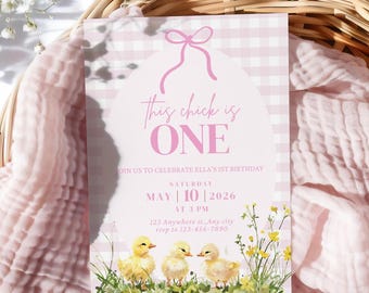 This Chick is ONE 1st Birthday Invitation Template Editable First Girl Party Theme Digital Printable Download Easter Farm Spring Chicken