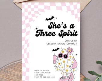 She's A Three Spirit 3rd Birthday Invitation Template Editable First Party Theme Digital Canva Printable Download Retro Ghost Halloween H1