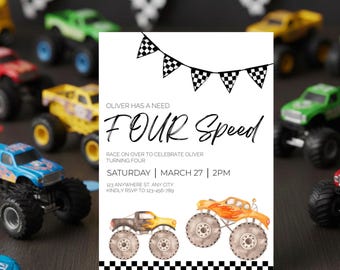 Hai bisogno di un modello di invito per il 4° compleanno di un Monster Truck a quattro velocità? Modello modificabile Jam Racing Fourth Boy Theme Digital Canva Printable Download V0