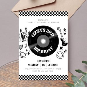 May include: Black and white birthday party invitation featuring a record design. The text reads "Rock on over to help us celebrate Ozzy's 3rd Birthday". The invitation includes the date, time, and location of the party.