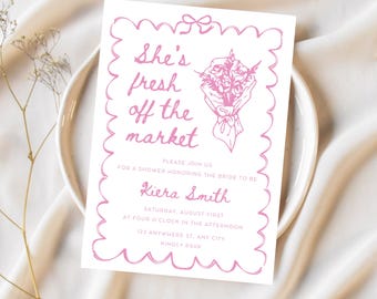 She's Fresh Off The Market Invitation Template | Editable Bridal Shower Theme | Digital Canva Printable Download, Flower Shop Farmers Market
