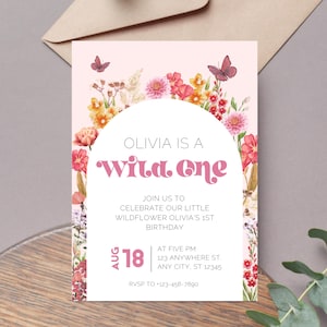 Editable She&#39;s A Wild One / Our Little Wildflower 1st Birthday Theme Invitation