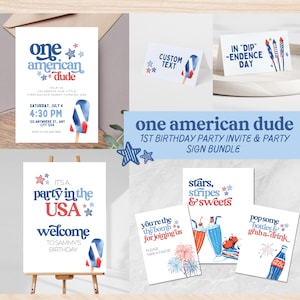 One American Dude July 4th Party Bundle, Editable Templates 1st Boy Birthday Theme Digital Summer BBQ USA Firework Signs Invite J04
