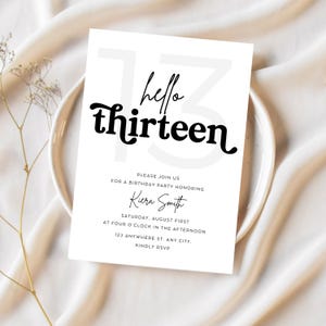 Modern Thirteen 13th Birthday Invitation Template | Editable Birthday Theme, Digital Instant Canva Printable Download, Simple Teen Black