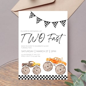 Two Fast Monster Truck 2nd Birthday Invitation Template | Editable Jam Racing | Second Boy Theme | Digital Instant Canva Printable Download