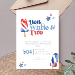 Modèle d'Invitation du 4 juillet rouge blanc et deux, thème modifiable pour le 2e anniversaire, téléchargement numérique imprimable, barbecue d'été USA feu d'artifice patriote J04