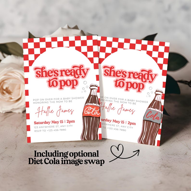 She's Ready To Pop Baby Shower Party Bundle Invitation Welcome Sign Favor Tag Food Sign Canva Editable Template Dirty Soda Diet Coke SO1 image 2