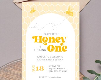 First Bee-Day Little Honey Turning One Invitation Template | Editable Bee 1st Birthday Theme | Digital Instant Canva Printable Download