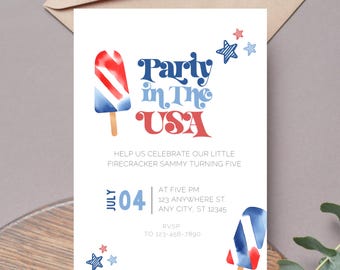 Party in The USA July 4th Invitation Template, Editable BBQ Birthday Theme, Digital Printable Download, Summer USA Firework Patriotic J04