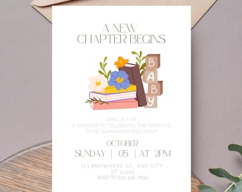 A New Chapter Begins Invitation Template | Editable Storybook Baby Shower Theme | Digital Instant Canva Printable | Book Floral Fairytale