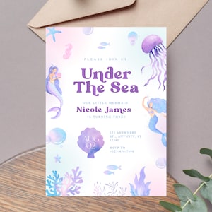 Under The Sea Mermaid Birthday Invitation Template Editable Girl Party Theme Digital Canva Printable Download Sea Shellabrate Ocean M13