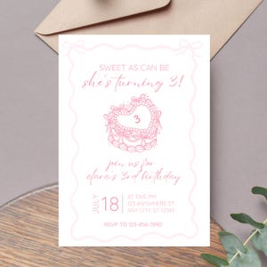 Bow Sweet as Can Be She&#39;s 3 Birthday Invitation Template | Editable Girl 3rd Birthday | Digital Canva Printable | Pink Girly Cake Coquette