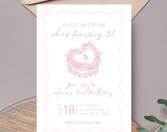 Bow Sweet as Can Be She's 3 Birthday Invitation Template | Editable Girl 3rd Birthday | Digital Canva Printable | Pink Girly Cake Coquette
