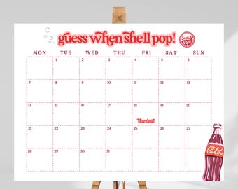 Sie ist bereit für die Pop-Babyparty Errate den Datumskalender, Vorlage bearbeitbares geschlechtsneutrales Thema Digitales Canva druckbares Blatt Soda Cola SO1