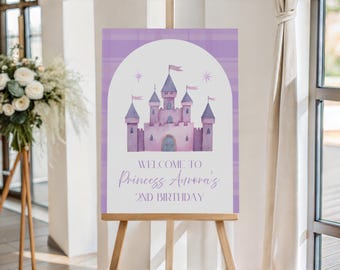 Princess Birthday ANY AGE Welcome Sign Template Editable Girl Theme Digital Instant Canva Printable Download Tiara 1st 2nd 3rd 4th 5th