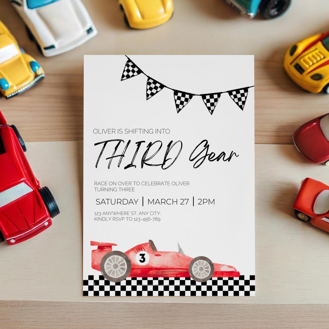 Third Gear Race Car 3rd Birthday Invitation Template, Editable Racing ...