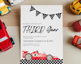 Third Gear Race Car 3rd Birthday Invitation Template, Editable Racing, Boy Birthday Theme, Digital Instant Canva Printable Download V0