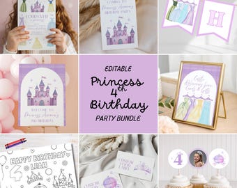 Editable Princess 4th Birthday Party Bundle, Canva Template (Digital Download)