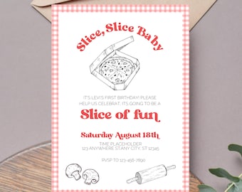 Stück Scheibe Baby Pizza Einladung Vorlage | Bearbeitbar Ein 1. Geburtstag Thema | Sofortiger digitaler Canva druckbarer Download | Streuscheibe Rot
