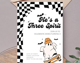 He's A Three Spirit 3rd Birthday Invitation Template Editable First Party Theme Digital Canva Printable Download Retro Ghost Halloween H1