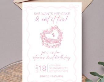 Mall för födelsedagsinbjudningar med rosetttårta och ät det två | Redigerbar flickas andra 2-årsdag | Digital canvas utskrivbar | Rosa flickaktårta-kokett