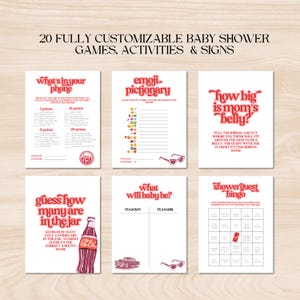 May include: A collection of six baby shower game cards with a vintage aesthetic. The cards feature red and white text, with games like "What's in your phone" and "Emoji Pictionary". The overall theme is a retro baby shower.