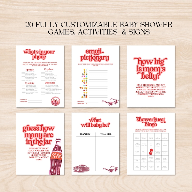 May include: A collection of six baby shower game cards with a vintage aesthetic. The cards feature red and white text, with games like "What's in your phone" and "Emoji Pictionary". The overall theme is a retro baby shower.
