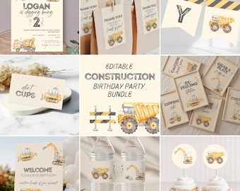 Construction Birthday Bundle Invitation Thank You Tags Party Signs Template Editable Boy Theme Digital Printable Download Digging Being C1