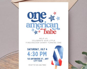 One American Babe July 4th Invitation Template, Editable 1st Girl Birthday Theme, Digital Download Summer BBQ USA Firework Patriot J04