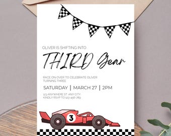 Third Gear Race Car 3rd Birthday Invitation Template, Editable Racing, Boy Birthday Theme, Digital Instant Canva Printable Download
